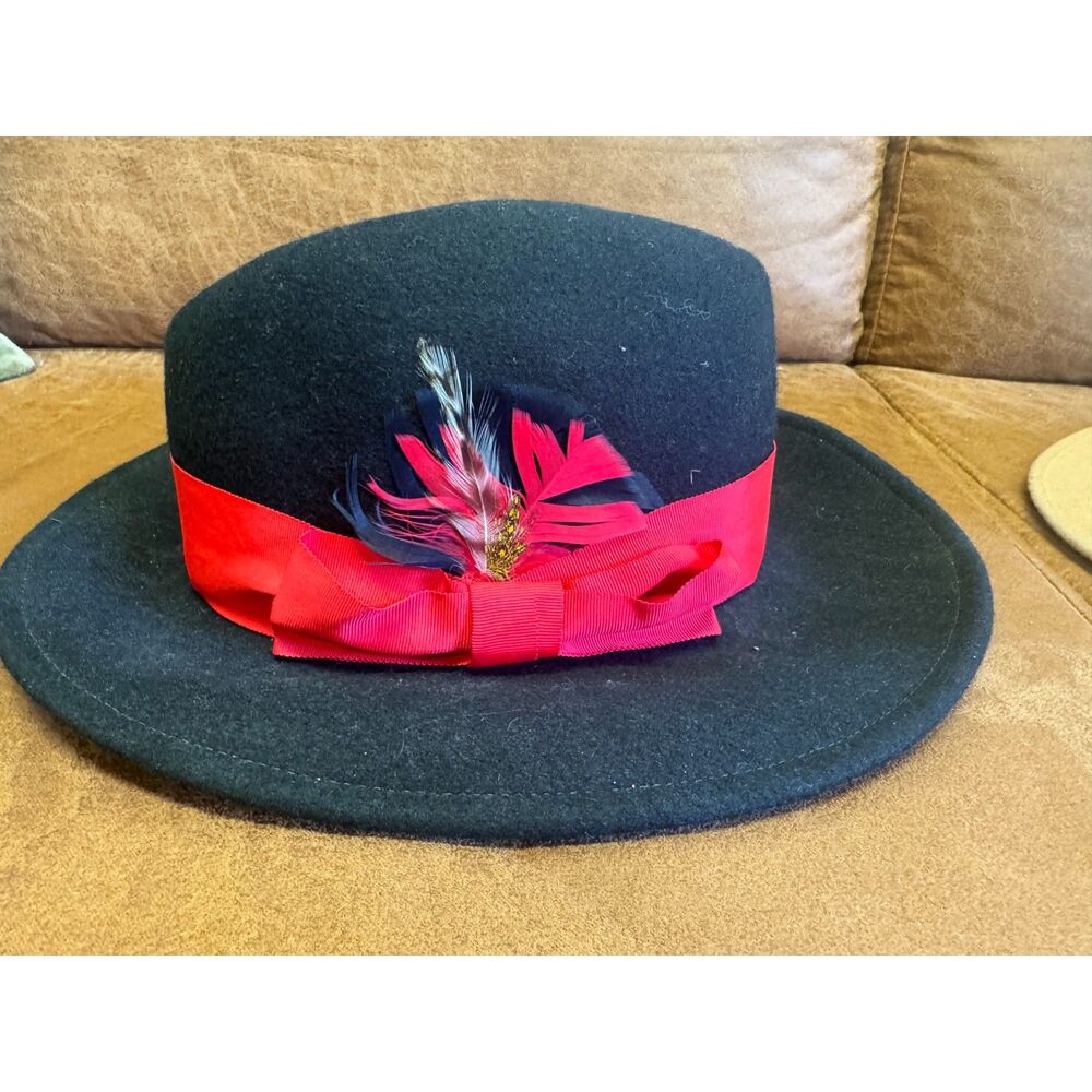 1950s-1970s Vintage Peachfelt 100% Wool Felt Fedora Hat Black Red Feather Bow